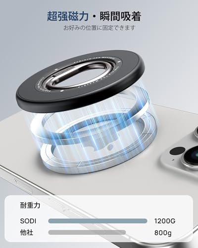 【両面マグネット・超强磁力】SODI スマホリング MagSafe対応 360度回転・90度反転 マグセーフ MagSafe リング バンカーリング マグネット式 磁石 簡単着脱 スマホ落下防止 iPhone 17/16/15/14/13/12 Pro Max&Androidシリーズなどに対応 車載ホルダー テーブル 金属リング付き ブラック